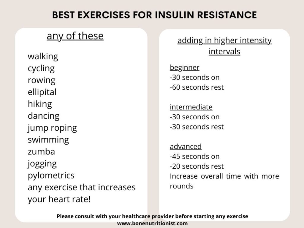 List of best exercise for insulin resistance like walking or cycling with higher intensity intervals.