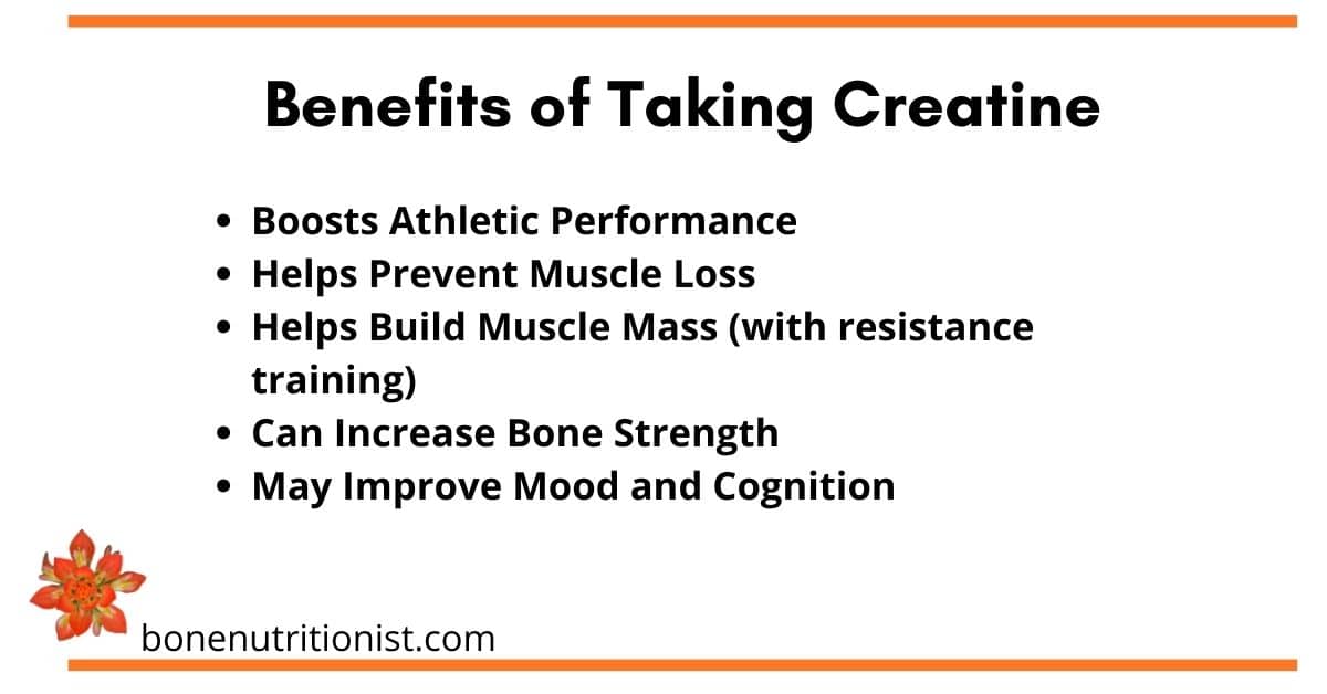Creatine Supplement Benefits include boosting athletic performance, building muscle, may increase bone strength and improve mood and cognition